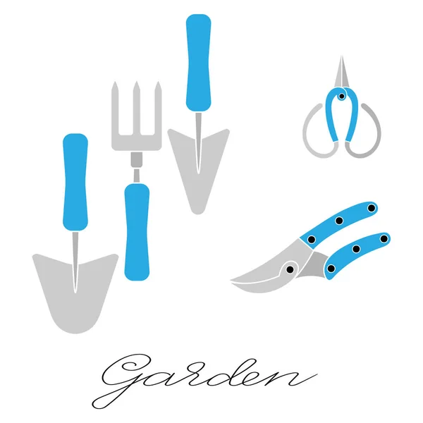 Sada Zahradnických Nástrojů Ruční Vidlice Nůžky Nůžky Modré Barvě Jednoduchá — Stockový vektor