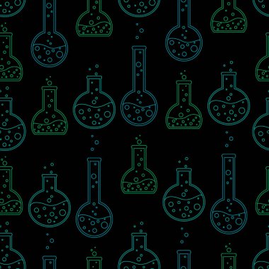 Kusursuz desenli kimyasal test tüpleri vektör minimalist düz çizimler. Siyah arka planda bilim için deneysel kimyasal mataralar.