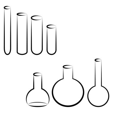 Kimyasal test tüpleri vektör simgeleri minimalist çizimler oluşturur. Beyaz arka planda izole edilmiş bilimsel deney şişeleri.