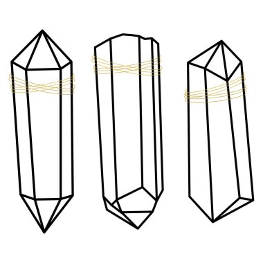 Hippi kristal ana hatları vektör illüstrasyon minimalist simge seti. Hazine taşının doğrusal işareti. Mineral, elmas, kuvars. Beyaz arkaplanda izole edilmiş basit simgeler..