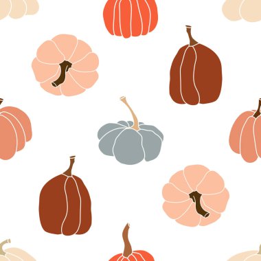 Kusursuz desenli balkabağı vektör çizimi. Sonbahar Cadılar Bayramı ya da Şükran Günü balkabağı düz dizayn edilmiş, özet silueti beyaz arkaplanda izole edilmiş