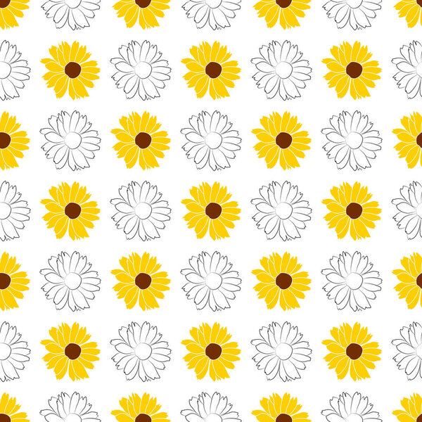 Seamless pattern of open heliopsis blossom vector illustration isolated on white background. Vector sketch style top view hand drawing of wild, heliopsis, false sunflower.