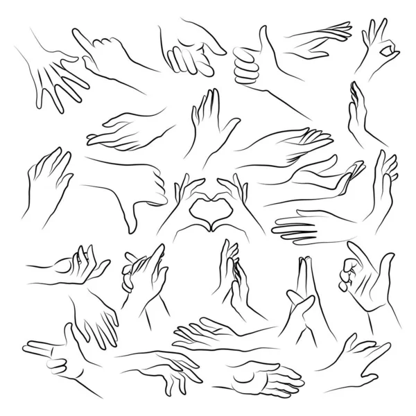 Set Miscellaneous Women Hands Gestures Simple Outline Minimalistic Linear Style —  Vetores de Stock