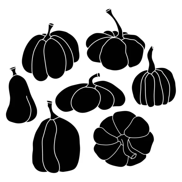 Pumpa Ikon Vektor Illustration Set Svart Siluett Hösten Halloween Eller — Stock vektor