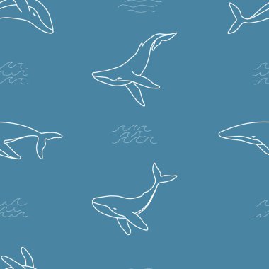 Kambur balinalar ve dalgalar ile kusursuz desen minimalist basit ana hatlı vektör duvar kağıdı çizimi. Mavi arkaplana balina çizimi