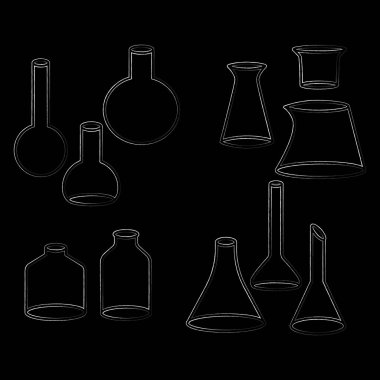 Kimyasal test tüpleri vektör simgeleri minimalist çizimler oluşturur. Siyah arka planda izole edilmiş bilim için deneysel kimyasal şişeler.