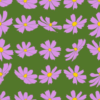 Yeşil arka planda izole edilmiş kozmos çiçeği vektör illüstrasyonlu kusursuz desen. Taslak çizilmiş renkli versiyonu. Çocuk kumaşı için çiçek vektörü, yaz tasarımı.