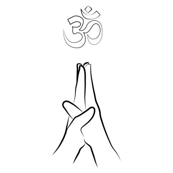 Women Hands Prayer Namaste Gesture Sign Simple Outline Minimalistic Linear — Stock Vector