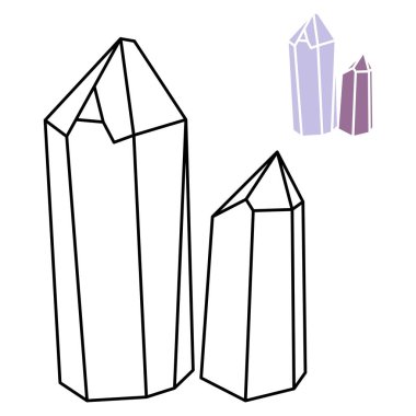 Hippi kristal taslak ve siluet vektör illüstrasyon minimalist simge seti. Hazine taşının doğrusal işareti. Mineral, elmas, kuvars. Beyaz arkaplanda izole edilmiş basit simgeler..