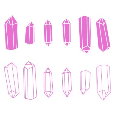 Hippi kristal taslak ve siluet vektör illüstrasyon minimalist simge seti. Hazine taşının doğrusal işareti. Mineral, elmas, kuvars. Beyaz arkaplanda izole edilmiş basit simgeler..