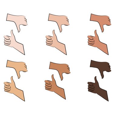 Farklı ten renklerindeki hoşlanma ve hoşlanmama jestleri seti basit minimalist çizgisel jest tarzı. Beyaz arkaplanda iz ve diğer tasarımlar yaratmak için kadın ellerinin vektör ilüstrasyonu