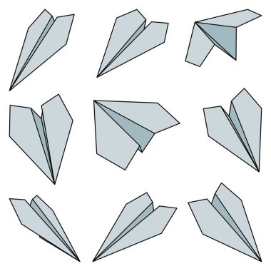 Kağıt düzlem simgelerinin vektör çizimleri. Beyaz arka planda izole edilmiş basit renkli kağıt uçak taslağı. Seyahat ve rota simgesi.