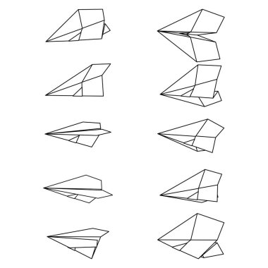 Kağıt düzlem simgelerinin vektör çizimleri. Beyaz arka planda izole edilmiş basit kağıt uçak taslağı. Seyahat ve rota simgesi.