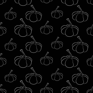 Kusursuz desenli balkabağı vektör çizimi. Sonbahar Cadılar Bayramı ya da Şükran Günü balkabağı düz dizayn edilmiş, özet silueti siyah arkaplanda izole edilmiş