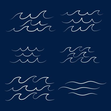Altı farklı basit minimalist dalga kümesi su gölü nehir logo vektör çizimi, demet koleksiyon paketi tasarımı koyu mavi arkaplan üzerine