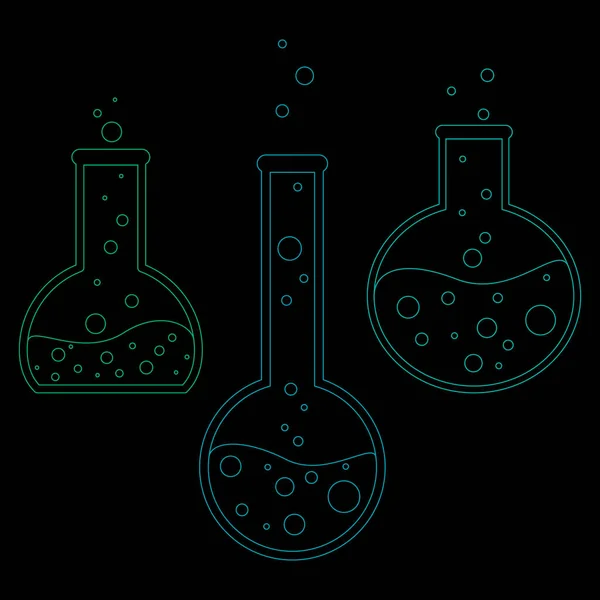 Chemické zkumavky vektorové ikony nastavit minimalistické jednoduché ploché ilustrace. Experimentální chemické baňky pro vědu izolované na černém pozadí. — Stockový vektor