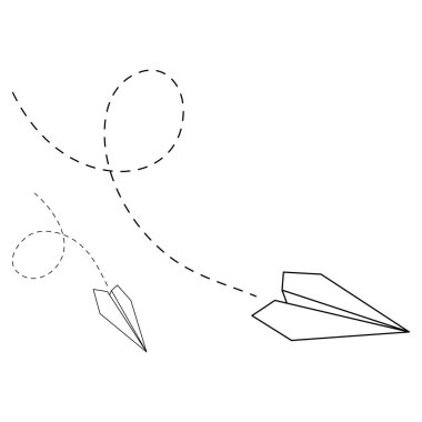 Kağıt düzlem simgelerinin vektör çizimleri. Beyaz arka planda izole edilmiş basit kağıt uçak taslağı. Seyahat ve rota simgesi.