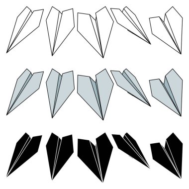 Kağıt düzlem simgelerinin üç tip vektör çizimleri. Basit, siluet ve beyaz arka planda izole edilmiş renkli kağıt uçak. Seyahat ve rota simgesi.