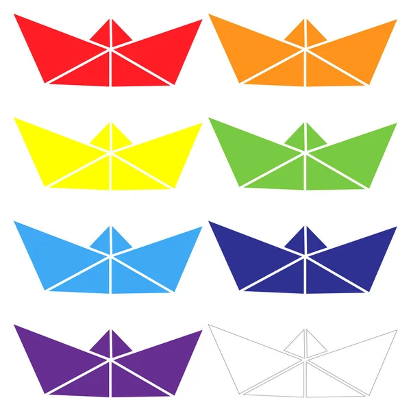 Set Von Vektor Regenbogenfarben Illustrationen Von Papierbootsymbolen Silhouette Einfaches Papierboot — Stockvektor