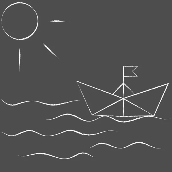 Vector Illustration Paper Boat Sea Handdrawn Chalk Style Outline Simple — Stock Vector