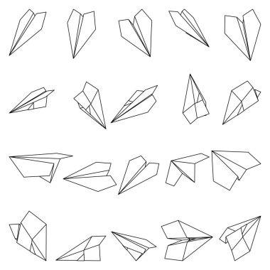 Kağıt düzlem simgelerinin vektör çizimleri. Beyaz arka planda izole edilmiş basit kağıt uçak taslağı. Seyahat ve rota simgesi.