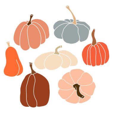 Kabak ikonu vektör illüstrasyon seti. Sonbahar Cadılar Bayramı ya da Şükran Günü balkabağı sembolü düz tasarım, beyaz arka planda izole edilmiş basit, ana hatlı siluet