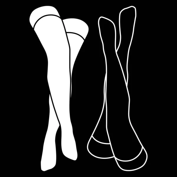 Wanita stocking garis besar dan siluet ikon vektor minimalis sederhana. Kaki wanita siap. Garis luar menarik kaki, vektor ilustrasi. Vektor kaki wanita terisolasi pada latar belakang hitam. - Stok Vektor