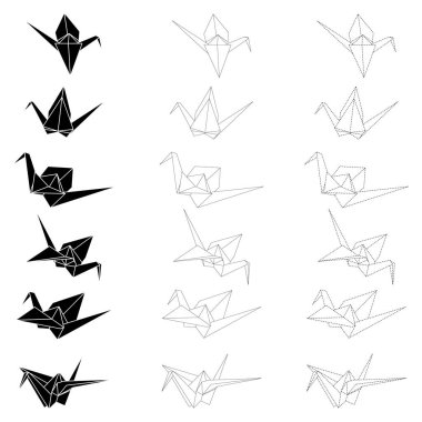Beyaz arkaplanda izole edilmiş origami vinç vektör ana hatları, siluet ve kesik çizim simgesi seti. Infographic, web sitesi veya uygulama için Japon origami vinci.
