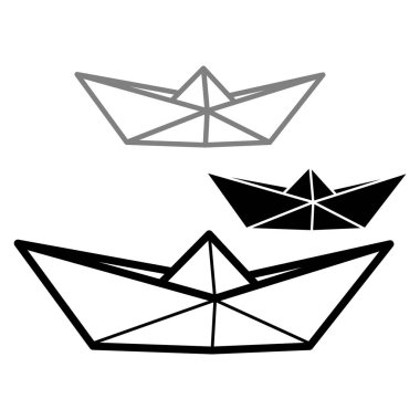 Kağıt tekne simgelerinin vektör çizimleri. Beyaz arka planda izole edilmiş basit ve siluet kağıt tekne. Seyahat ve denizin simgesi.
