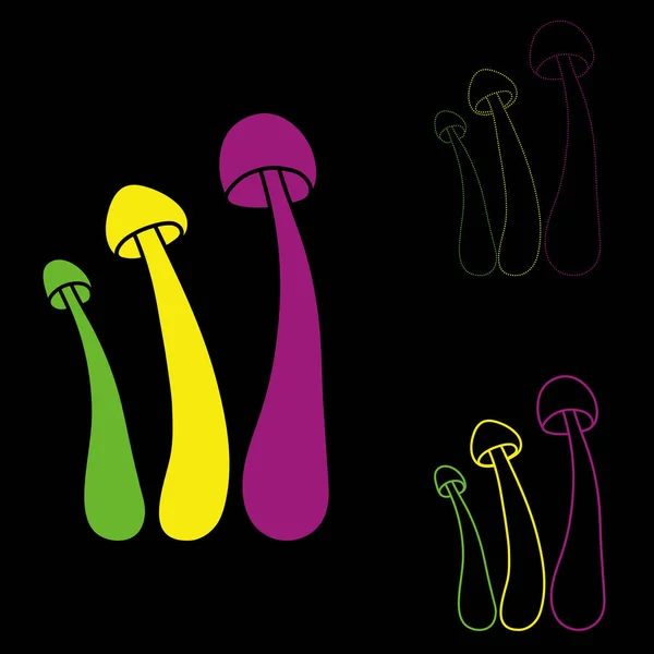 Set Funghi Neon Vettoriale Semplice Illustrazione Isolata Sfondo Nero Versione — Vettoriale Stock