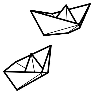Kağıt tekne simgelerinin vektör çizimleri. Beyaz arka planda izole edilmiş basit kağıt tekne taslağı. Seyahat ve denizin simgesi.