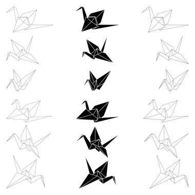 Beyaz arkaplanda izole edilmiş origami vinç vektör ana hatları, siluet ve kesik çizim simgesi seti. Infographic, web sitesi veya uygulama için Japon origami vinci.