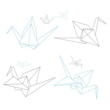 Origami vinç vektör ana hatları beyaz arkaplanda izole edilmiş çizimler. Infographic, web sitesi ya da uygulama için Japon origami vinci. Katlanmış kağıt sanatı için geometrik çizgi şekli.