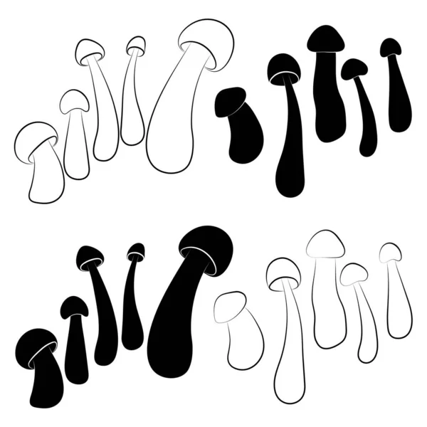 Set Mushrooms Vector Simple Illustration Isolated White Background Outline Silhouette — Stockvector