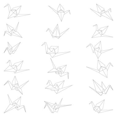 Beyaz arkaplanda izole edilmiş origami vinç ana hatları çizim simgesi kümesi. Infographic, web sitesi ya da uygulama için Japon origami vinci. Katlanmış kağıt sanatı için geometrik çizgi şekli.