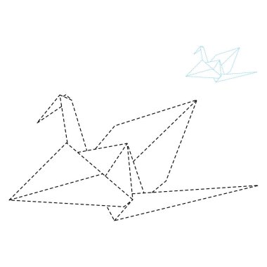 Set of origami crane vector outline dashed illustration isolated on white background. Japanese origami crane for infographic, website or app. Geometric line shape for art of folded paper.