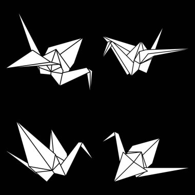 Siyah arkaplanda izole edilmiş origami vinç vektör siluet çizim simgesi seti. Infographic, web sitesi ya da uygulama için Japon origami vinci. Katlanmış kağıt sanatı için geometrik çizgi şekli.
