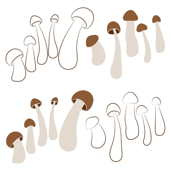 Set Mushrooms Vector Simple Illustration Isolated White Background Brown Outline — Διανυσματικό Αρχείο