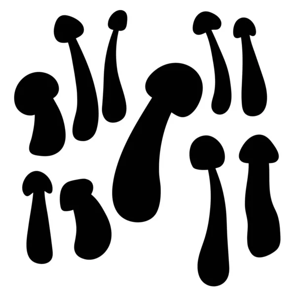 Set Funghi Vettore Semplice Illustrazione Isolata Sfondo Bianco Versione Silhouette — Vettoriale Stock