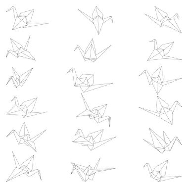 Origami vinç vektör ana hatları beyaz arkaplanda izole edilmiş çizimler. Infographic, web sitesi ya da uygulama için Japon origami vinci. Katlanmış kağıt sanatı için geometrik çizgi şekli.