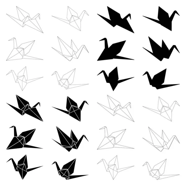 Set Origami Crane Vector Outline Silhouette Dashed Illustration Icon Isolated — стоковий вектор
