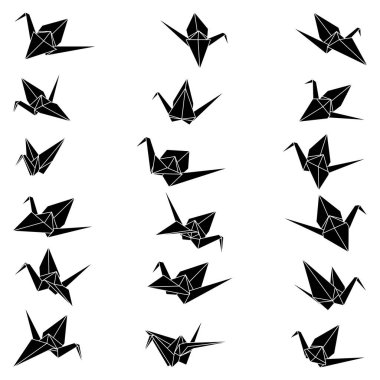 Beyaz arkaplanda izole edilmiş origami vinç vektör siluet çizim simgesi seti. Infographic, web sitesi ya da uygulama için Japon origami vinci. Katlanmış kağıt sanatı için geometrik çizgi şekli.