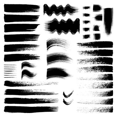 Siyah mürekkep fırça darbeleri ayarlandı. Vector boya fırçası çizimleri. Kirli grunge sanatsal mürekkep desenli afişler ve tasarım elementleri beyaz arkaplanda izole edildi.