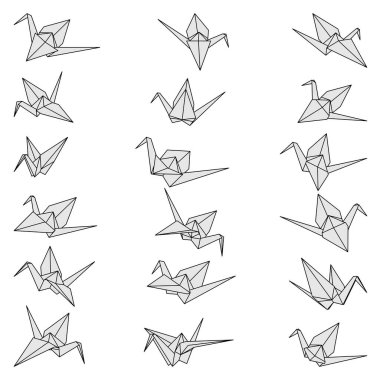 Set of origami crane vector grey illustration icon isolated on white background. Japanese origami crane for infographic, website or app. Geometric line shape for art of folded paper.