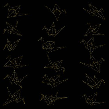 Origami vinç vektör ana hatları siyah arkaplanda izole edilmiş çizimler. Infographic, web sitesi ya da uygulama için Japon origami vinci. Katlanmış kağıt sanatı için geometrik çizgi şekli.