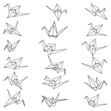 Beyaz arkaplanda izole edilmiş origami vinç ana hatları çizim simgesi kümesi. Infographic, web sitesi ya da uygulama için Japon origami vinci. Katlanmış kağıt sanatı için geometrik çizgi şekli.