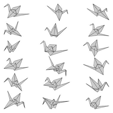 Beyaz arkaplanda izole edilmiş origami vinç vektör siluet çizim simgesi seti. Infographic, web sitesi ya da uygulama için Japon origami vinci. Katlanmış kağıt sanatı için geometrik çizgi şekli.