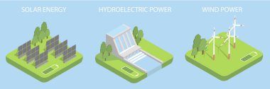 Alternatif enerji ile ilgili çizimlerle dolu. Güneş enerjisi. Rüzgar enerjisi. Suyun enerjisi.