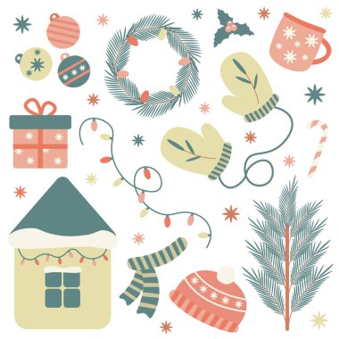 Winter set with decorative christmas and holiday elements: christmas tree, lights, hat, mug, mittens, present, house.