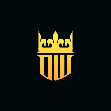 Baş harfler DW logo amblem stili ve taç. Vektör illüstrasyonu